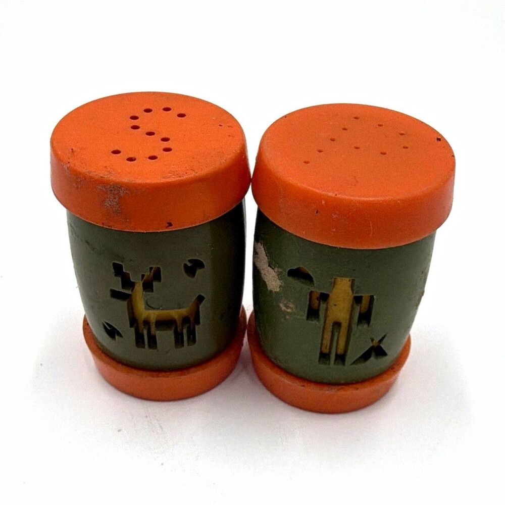 Vintage Plastic Salt & Pepper Shakers Set of 2 Orange & Green